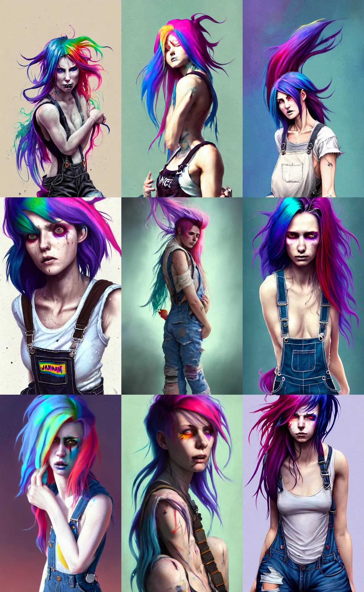 Prompt: a grungy woman with rainbow hair, drunk, angry, soft eyes and narrow chin, dainty figure, long hair straight down, torn overalls, basic white background, side boob, symmetrical, single person, style of by Jordan Grimmer and greg rutkowski, crisp lines and color, plms,