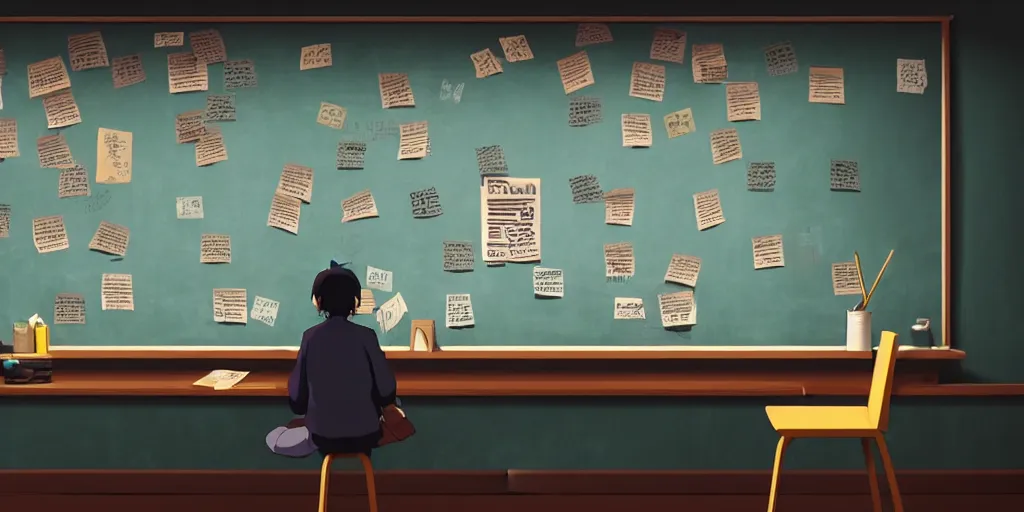 Prompt: a wholesome animation key shot of a wall full of notes and sticky notes, a large detective blackboard, hipster vibes by studio ghibli, animation, sharp, rendered in unreal engine 5, focused, anime key art by greg rutkowski, bloom, dramatic lighting