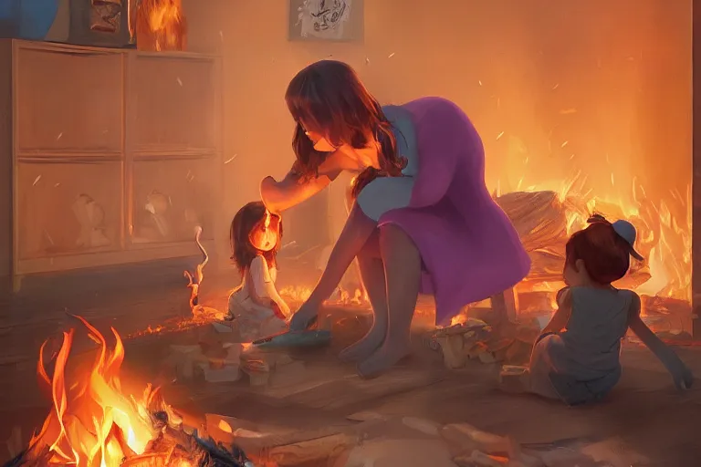 Image similar to a crazy housewife hurries up to pack daughter's things, surrounded with fire, digital art, trending on artstation