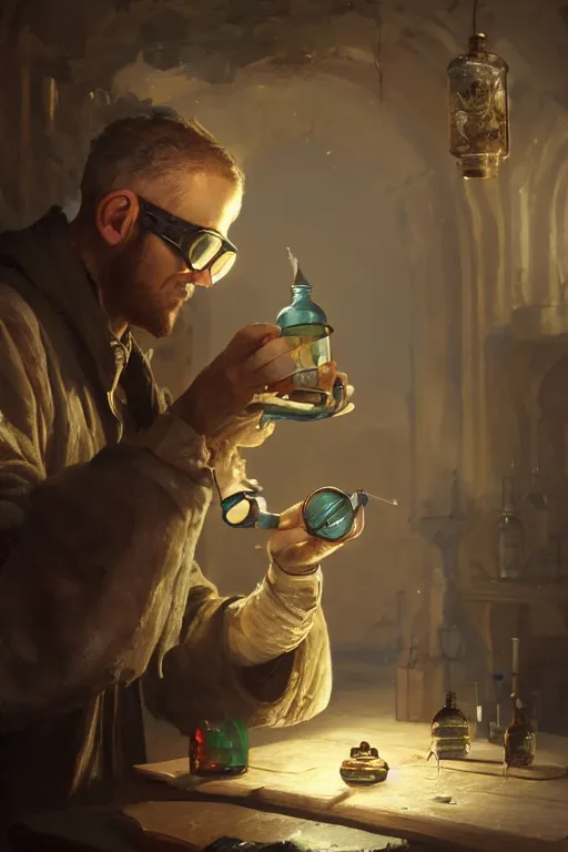 Image similar to An Alchemist inspecting a potion in his hand with goggles on by Greg Rutkowski, 4k photorealistic, volumetric lighting, HD, high details, dramatic, trending on artstation