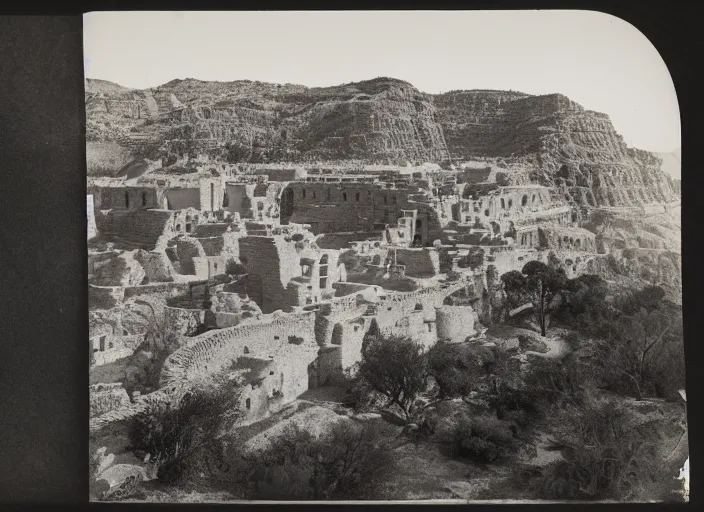 Image similar to Photograph of sprawling cliffside pueblo ruins, showing terraced garden and lush desert vegetation in the foreground, albumen silver print, Smithsonian American Art Museum