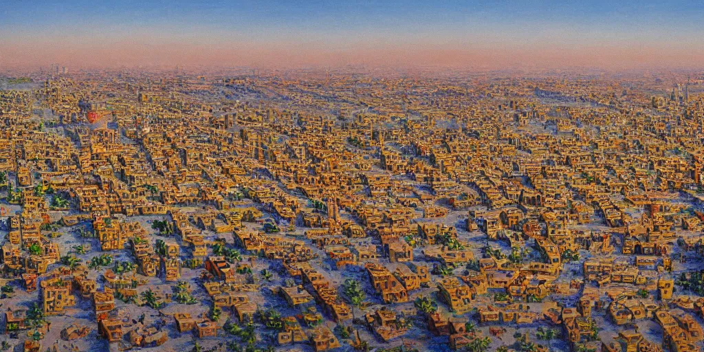 Image similar to very very very beautiful oil painting of Baghdad in the 1990s, 4k detailed, very very well detailed image, 8k