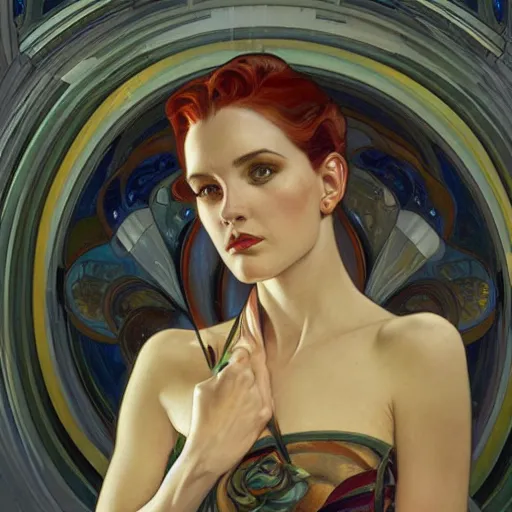 Image similar to a streamline moderne painting in the style of donato giancola, and in the style of charlie bowater, and in the style of alphonse mucha. symmetry, smooth, sharp focus, semi - realism, intricate detail.