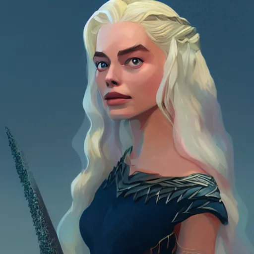 Image similar to Portrait of Margot Robbie as Queen Daenerys Targaryen, mattepainting concept Blizzard pixar maya engine on stylized background splash comics global illumination lighting artstation lois van baarle, ilya kuvshinov, rossdraws