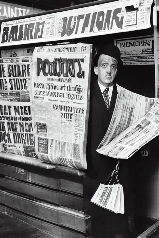 Image similar to a 5 0's detective, buying newspaper at the newsstand