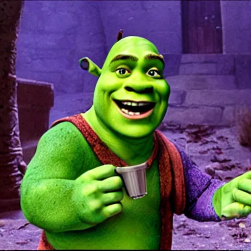 Prompt: Film still of Shrek from a horror movie