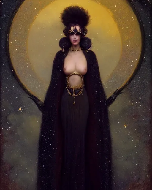 Image similar to Nocturne, glowing, stars, a portrait of a beautiful female shadow djinn creature with long fur collar, highly detailed, mysterious, ethereal, dressed in velvet and gold jewelry, haute couture, illustration, dramatic lighting, soft details, painting, by Edmund Blair Leighton, Brom, Charlie Bowater, trending on artstation, faces by Tom Bagshaw, otto schmidt