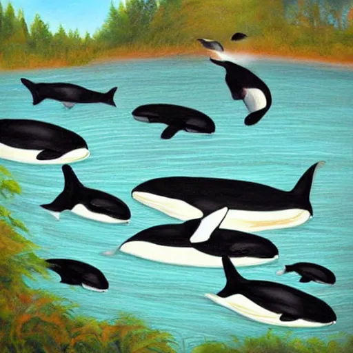 Image similar to a painting of a group of orca's swimming in a lake, a storybook illustration by sarah louisa kilpack, featured on deviantart.