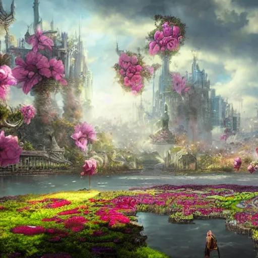 Image similar to An epic fantasy comic book style painting of a dream city floating on the clouds with Giant flowers, intricate, epic, depth, hyperrealistic, octane render, dynamic lighting