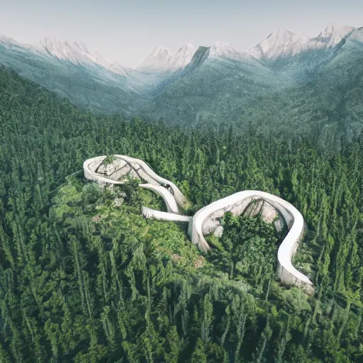 Prompt: gigantic concrete body parts integrated in the mountains, surrounded by vegetation, perspective shot from the sky, realistic, by origiful, 4 k