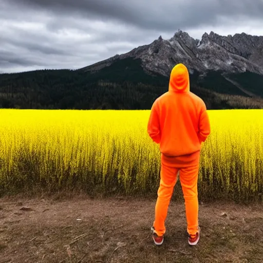 Prompt: an extreme wide shot of a man standing in a yellow field wearing a neon salmon hoodie