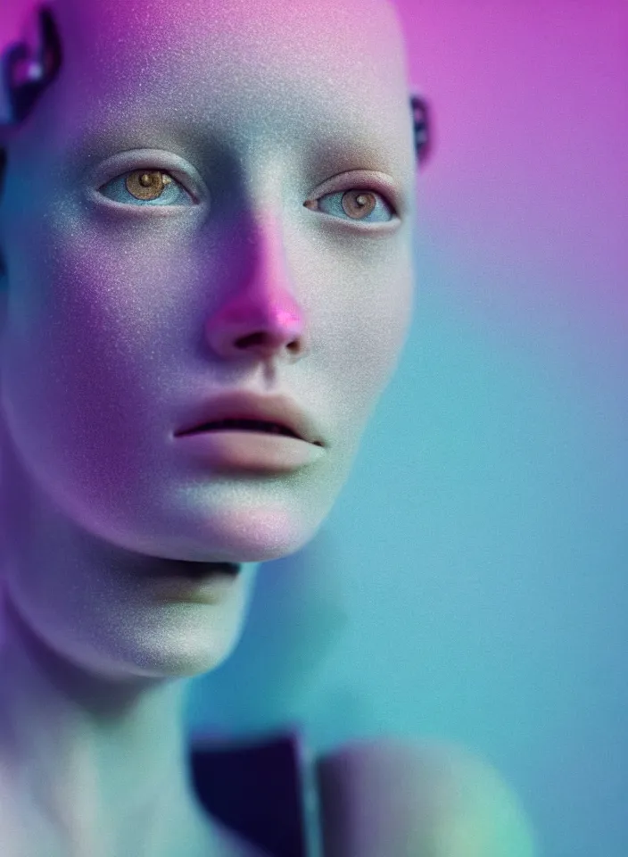 Image similar to high quality pastel coloured film close up photograph of a cyborg model in an icelandic black rock!! environment in a dreamstate environment. three point light. photographic production. art directed. pastel colours. volumetric light. pastel gradient overlay. waves glitch artefacts. extreme facial detail. 8 k. filmic.