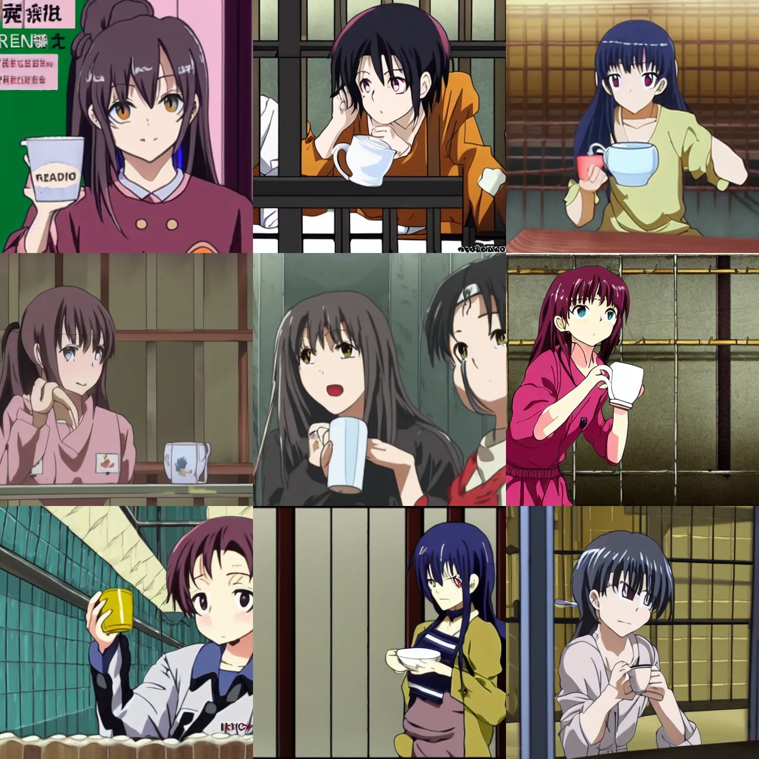 Prompt: rena ryugu drinks tea in prison cell anime