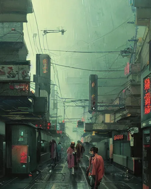 Image similar to a highly detailed epic cinematic concept art CG render digital painting artwork: Tokyo suburbs. By Greg Rutkowski, in the style of Francis Bacon and Syd Mead and Norman Rockwell and Beksinski, open ceiling, highly detailed, painted by Francis Bacon and Edward Hopper, painted by James Gilleard, surrealism, airbrush, Ilya Kuvshinov, WLOP, Stanley Artgerm, very coherent, triadic color scheme, art by Takato Yamamoto and James Jean