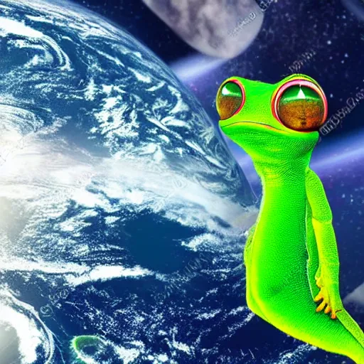 Prompt: an enormous green gecko hugging planet earth, space background