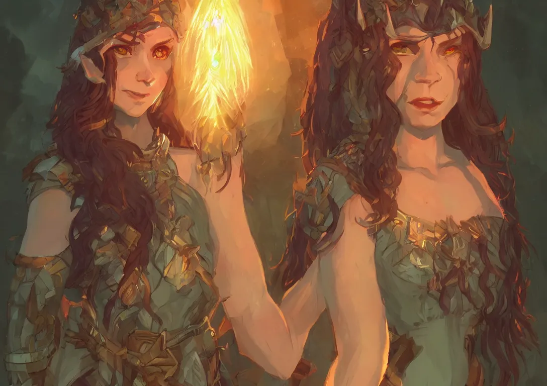 Image similar to half orc half elf woman, beautiful face and small orc tusks, ginger long hair that goes to the floor, holding a glowing diamond, tropical mage dress with high slit, several layers of fabric, character concept art, by ilya kuvshinov, krenz cushart, Greg Rutkowski, trending on pixiv