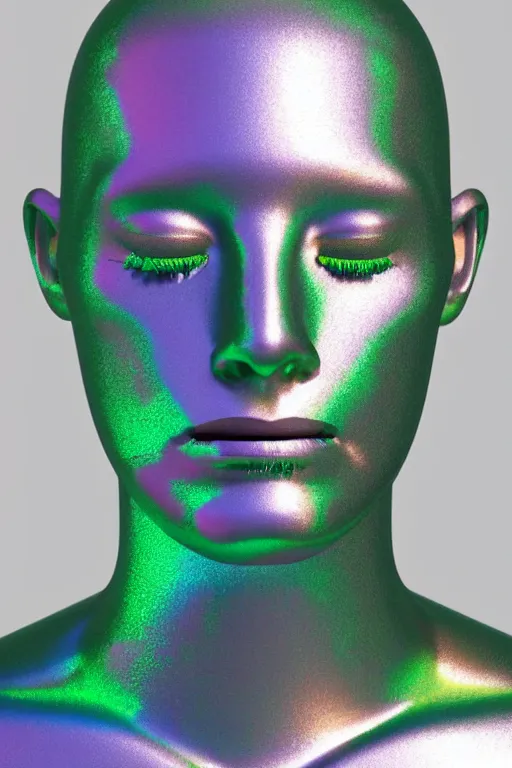 Image similar to 3d render of holographic human robotic bust made of glossy iridescent, screaming, bust, surrealistic 3d illustration of a human non-binary, non binary model, 3d model human, cryengine, made of holographic texture, holographic material, holographic rainbow, concept of cyborg and artificial intelligence