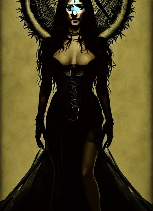 Image similar to megan fox witch queen, black eyes, blood, full body, intricate victorian dress, middle shot, cinematic lighting, symmetrical eyes, caravaggio, rafael albuquerque, charlie bowater, moody lighting, candles