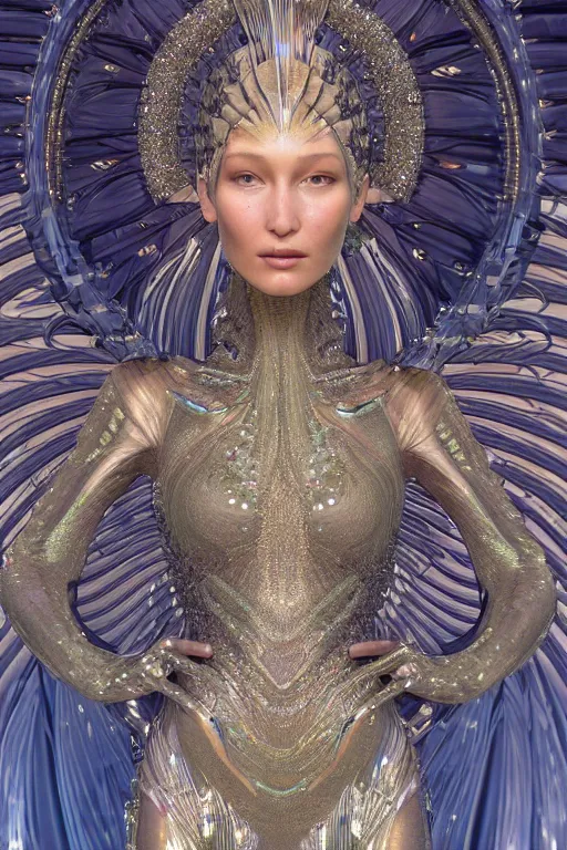 Image similar to a highly detailed metahuman 4 k close up render of an alien goddess bella hadid as kleopatra in iris van herpen dress schiaparelli in diamonds crystals swarovski and jewelry in style of alphonse mucha gustav klimt trending on artstation made in unreal engine 4