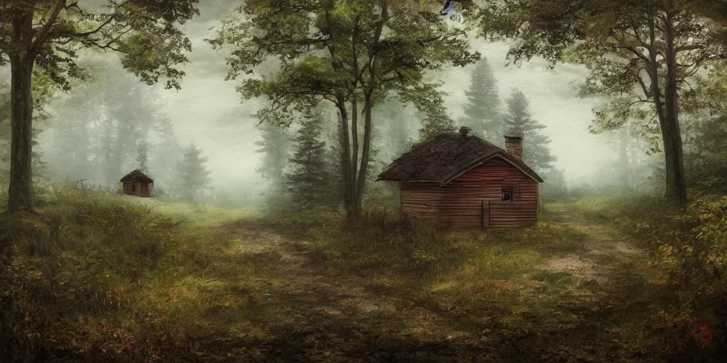 Image similar to a painting of single cottage in the woods and empty woods, 8k, fantasy, hyper realistic, atmospheric, cinematic