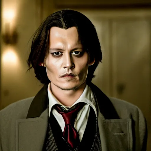 Image similar to Film Still of a Young Adult Johnny Depp playing Adult Tom Riddle in Harry Potter, Film Still, realistic, hyperrealistic, very realistic, very very realistic, highly detailed, very detailed, extremely detailed, detailed, detailed face, very detailed face, very detailed face, realism, HD Quality, 8k resolution, intricate details, body and head in frame, Real Life