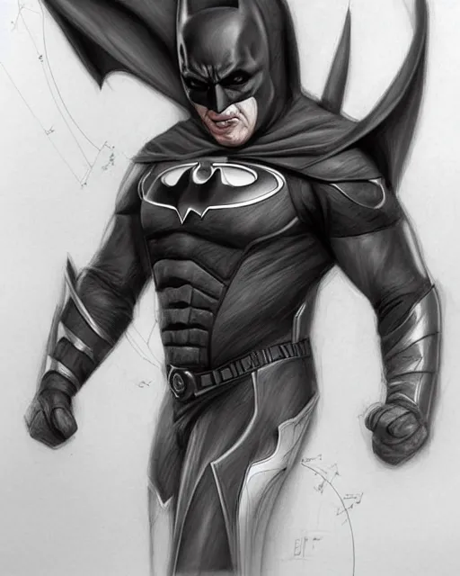 Image similar to a hyperrealistic portrait pencil sketch from a picture, of Gary Busey dressed as Batman by Peter Mohrbacher, technical drawing, blueprint diagram, trending on artstation