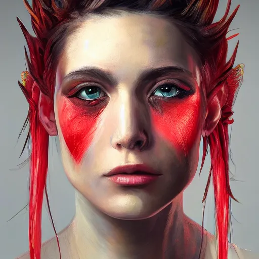 Prompt: a portrait of an intensely lit scutigera girl modeling, red, oil painting, pale colors, high detail, 8 k, wide angle, trending on artstation,