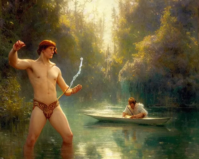 Image similar to attractive male wizard casting water spell in a beautiful lake. highly detailed painting by gaston bussiere, craig mullins, j. c. leyendecker 8 k