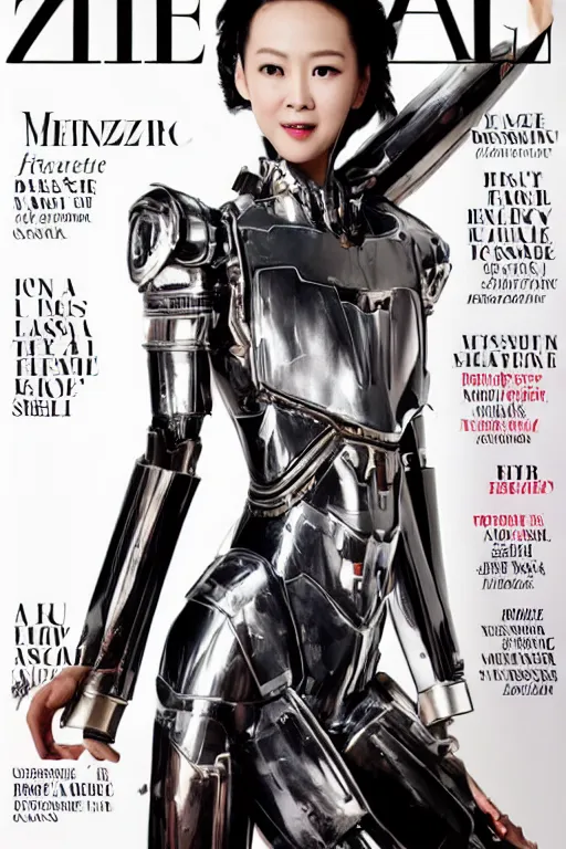 Prompt: a professional fashion magazine photo of Zhang Ziyi wearing a mecha armor suit