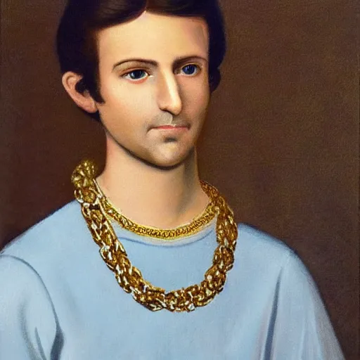 Prompt: a very detailed portrait of a young adult man in completely baby blue tunic, wearing a gold medallion!!! around his neck. he has an oval shaped head and roundish nose, blue eyes, kind face and no facial hair. he has dark brown hair and wears it in a tight long ponytail.