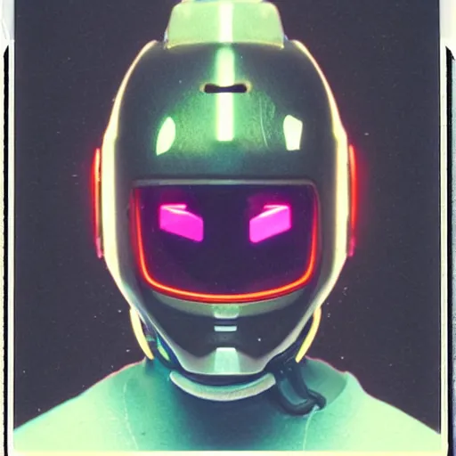 Image similar to neofuture cyberpunk helmet, polaroid