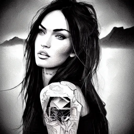 Prompt: double - exposure effect of megan fox face blended with beautiful mountains, in the style of dan mountford, amazing detail, black and white, tattoo sketch