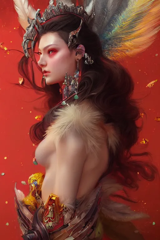 Prompt: beautiful princess with face covered with red crystals wearing frost feathers, diamonds, angel, fantasy, yellow background beam, dramatic lighting, highly detailed, digital painting, magic the gathering, 3 d render, hyper realistic detailed portrait, peter mohrbacher, wlop, ruan jia