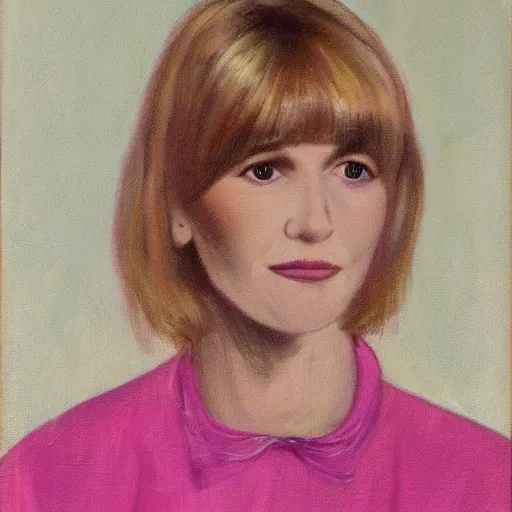 Image similar to portrait of a woman with bangs and blonde hair wearing a pink dress