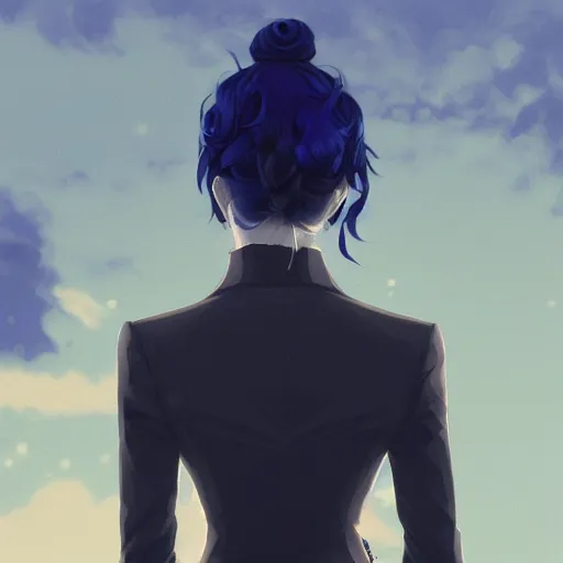 Image similar to low - angle shot from behind of a long blue - haired girl in a tailcoat overlooking noxus, noir, screenshot, sharp focus, intricate, illustration, cell shaded, digital painting, highly detailed, art by ilya kuvshinov, wlop, greg rutkowski, studio quality, james jean