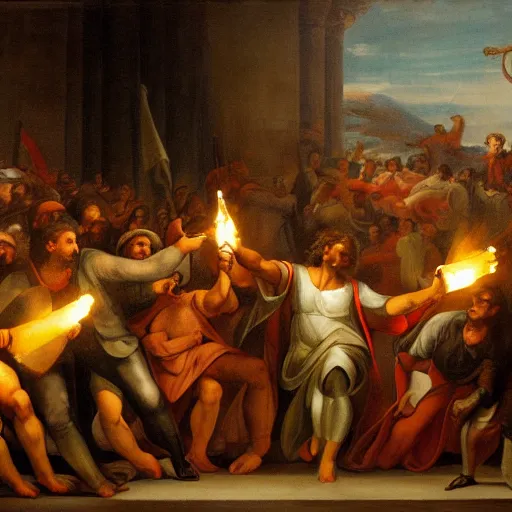 Image similar to a painting of Yair Lapid holding a torch and leading a crowd of people in the style of Michaelangelo