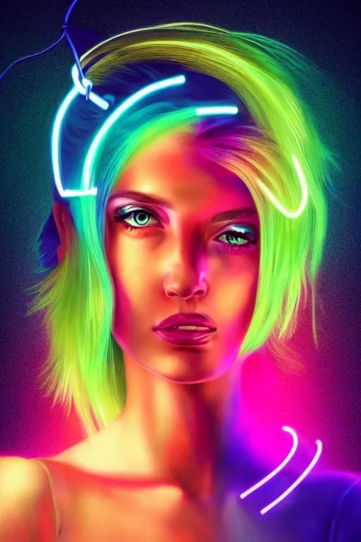 Image similar to a award winning half body portrait of a beautiful woman with stunning eyes in a croptop and cargo pants with rainbow colored ombre hairstyle head in motion and hair flying by thomas danthony, surrounded by whirling illuminated neon lines, outrun, vaporware, shaded flat illustration, digital art, trending on artstation, highly detailed, fine detail, intricate