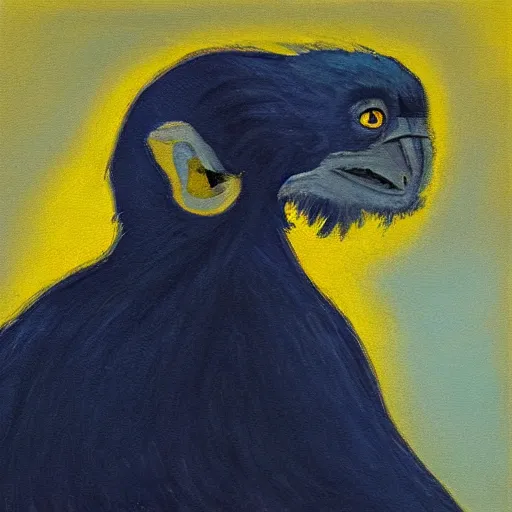 Image similar to long - eared monkey - crow creature wearing a raincoat, tonalist painting, prussian blue and azo yellow, dramatic lighting