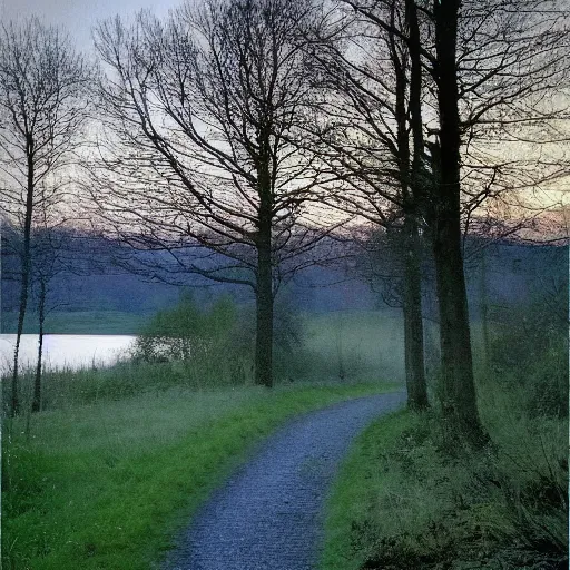 Image similar to Beautiful cameraphone, soft liminal Photograph of an estate road, early morning, small flat lake in the background