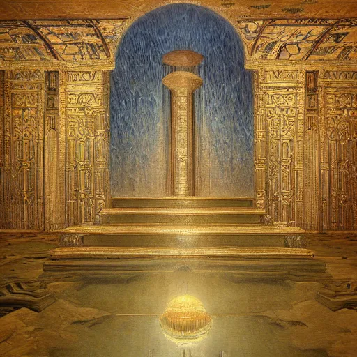 Image similar to a painting of a throne room , a raytraced image by Mikalojus Konstantinas Čiurlionis, polycount, metaphysical painting, hall of mirrors, egyptian art, concept art