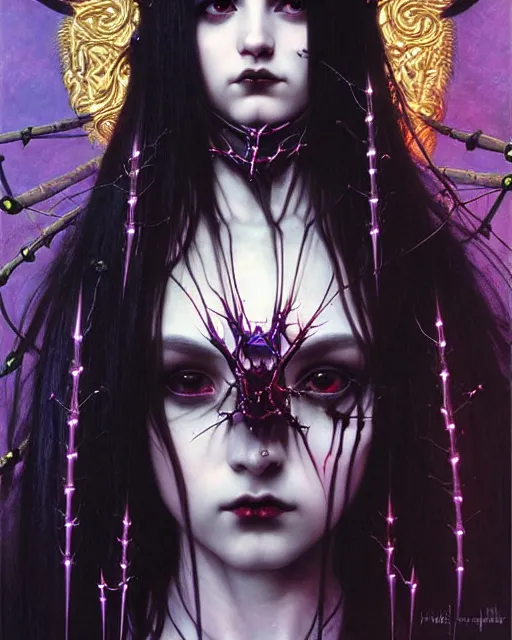 Prompt: portrait of beautiful cute goth maiden girl with crown of thorns in warhammer demonic mechanical armor, high details, neon colors, art by ( ( ( kuvshinov ilya ) ) ) and wayne barlowe and gustav klimt and artgerm and wlop and william - adolphe bouguereau