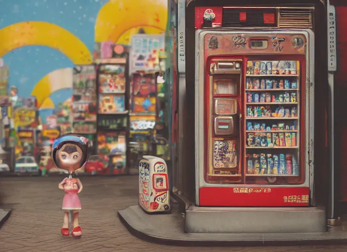 Prompt: closeupof portrait of tin toy tokyo corner store and vending machines, depth of field, zeiss lens, detailed, centered, photoshoot, by nicoletta ceccoli, mark ryden, lostfish, breathtaking, 8 k resolution, extremely detailed, beautiful, establishing shot, artistic, hyperrealistic, octane render, - h 7 0 4