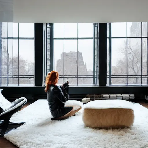 Prompt: modern loft overlooking central park in winter, snowing, fireplace roaring, woman sitting in modern leather chair looking out the window, warm lighting, blizzard outside, nyc, in the style of bill sienkiewicz