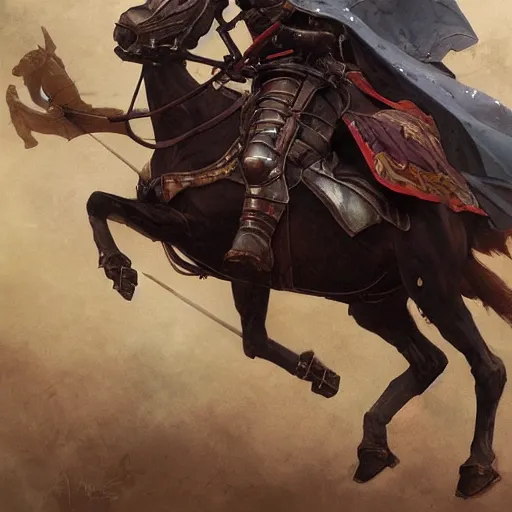 Prompt: Medieval knight on horse, dynamic, highly detailed, digital painting, artstation, concept art, sharp focus, illustration, art by artgerm and greg rutkowski and alphonse mucha
