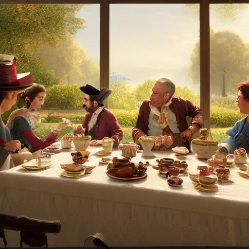 Prompt: a spanish tea party, realistic, 8 k, extremely detailed, cgi, trending on artstation, hyper - realistic render, 4 k hd wallpaper, premium prints available, octane render, award winning, by greg rutkowski