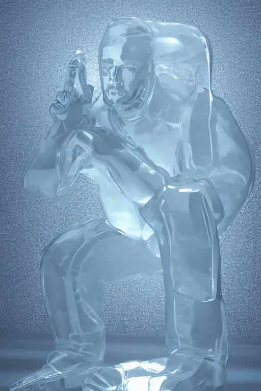 Image similar to transparent ice sculpture of squatting man in tracksuit, shiny, ultra realistic render, 4k, volumetric lighting, highly detailed, studio lighting, octane render, glowng, cold mist