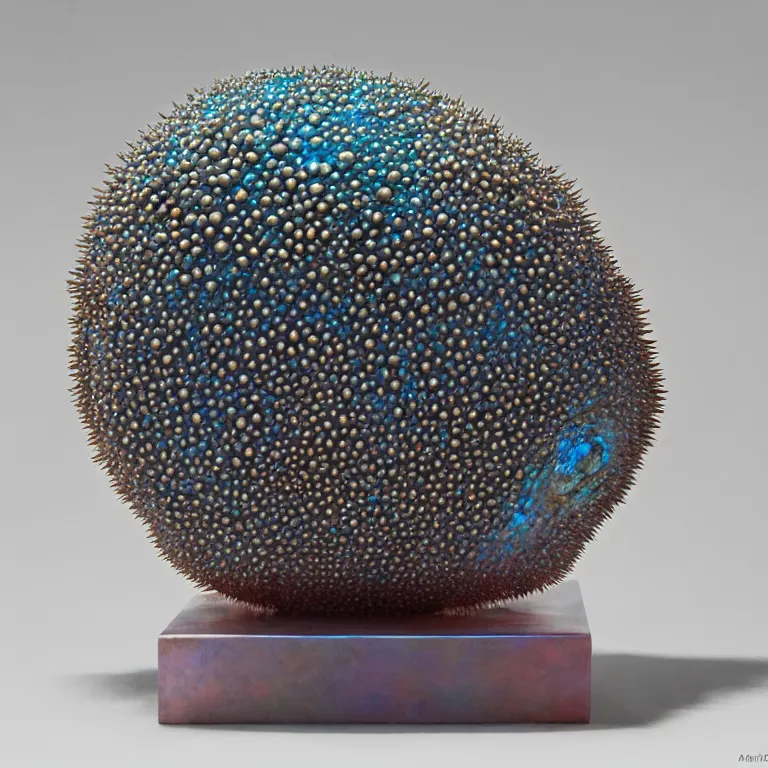 Prompt: hyperrealistic sculpture of a bronze ancient fossilized armored sea urchin snail dusted with opalescent blue and iridescent red spraypaint in a nylon grid cage on a pedestal by ron mueck and duane hanson and lee bontecou, hyperrealistic dramatic colored lighting trending on artstation 8 k