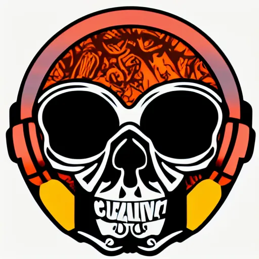 Image similar to svg vector sticker of a skull, rocking out, wearing headphones, huge speakers, dancing, rave, DJ, spinning records, digital art, amazing composition, rule-of-thirds, award-winning, trending on artstation, featured on deviantart