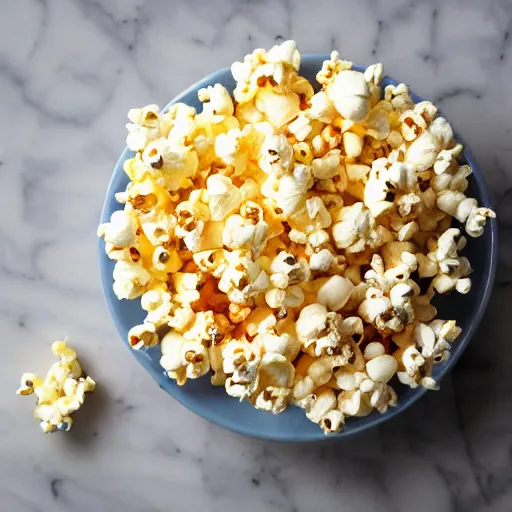 Prompt: popcorn sprinkled with sugar, ketchup, and cheese