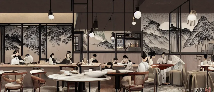 Image similar to a beautiful interior view illustration of a small roasted string hotpot restaurant in yan'an city, restaurant wall paper is tower amd mountain, rectangle white porcelain table, people are eating, black chair, animation illustrative style, from china, simple style structure decoration design, victo ngai, james jean, 4 k hd